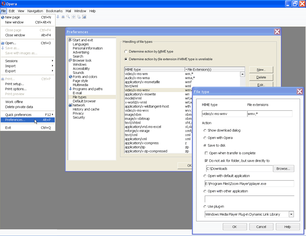 Pic. 1 - Handling file types at Opera browser